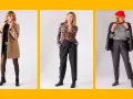 Eleganckie stylizacje dla pań po 60: płaszcz i skórzana spódnica, panterkowy sweter z cygaretkami, marynarka i paski.