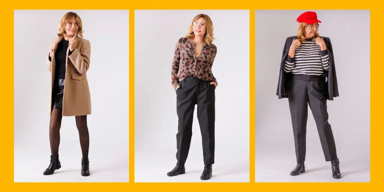Eleganckie stylizacje dla pań po 60: płaszcz i skórzana spódnica, panterkowy sweter z cygaretkami, marynarka i paski.