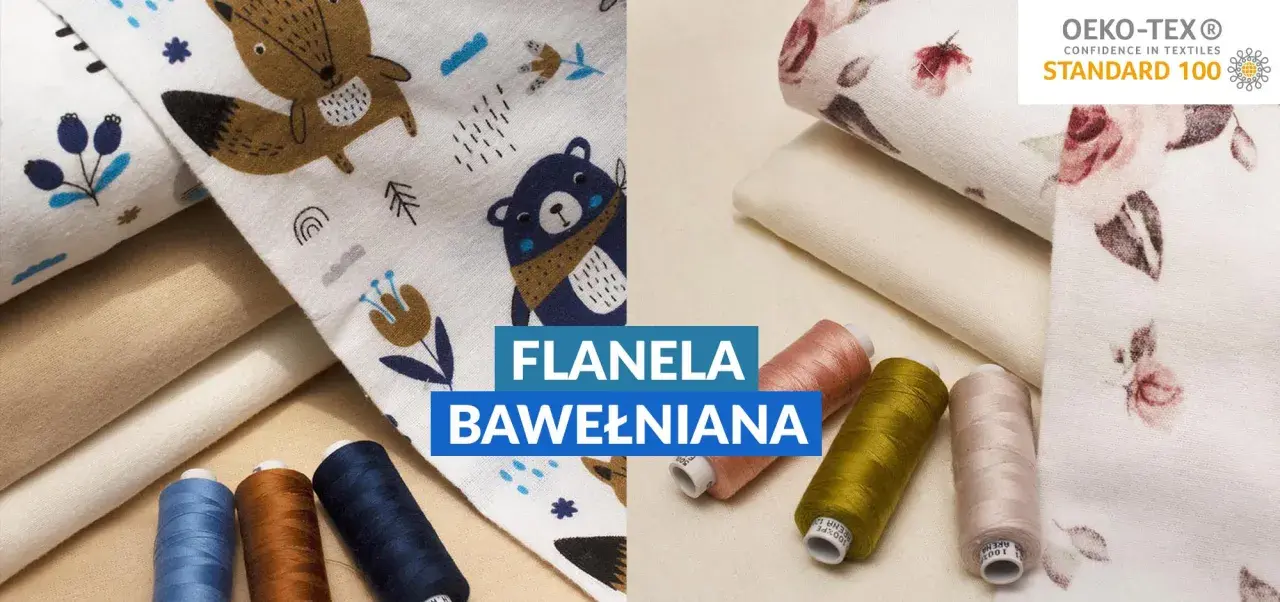 Miękka flanela bawełniana z motywami zwierzątek i kwiatów, idealna na dziecięce ubranka.