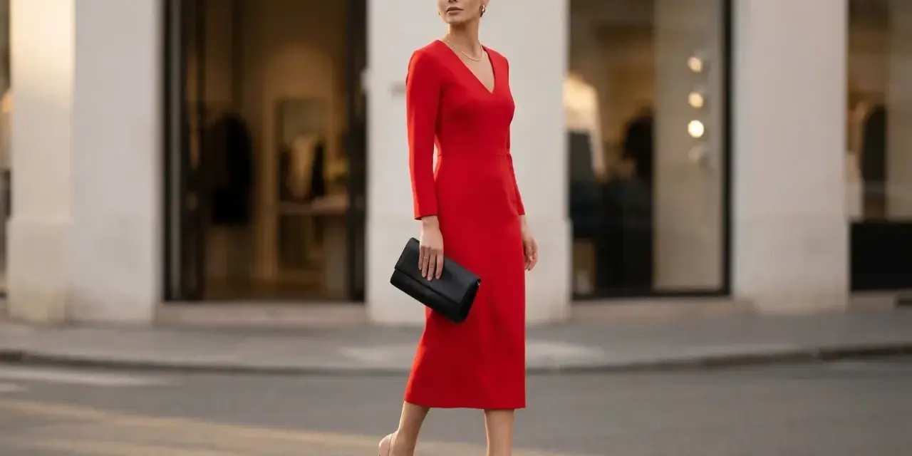 Elegancka kobieta w czerwonej sukience i szpilkach, niosąca czarną kopertówkę. Stylowe stylizacje z czerwoną sukienką na ulicach miasta.