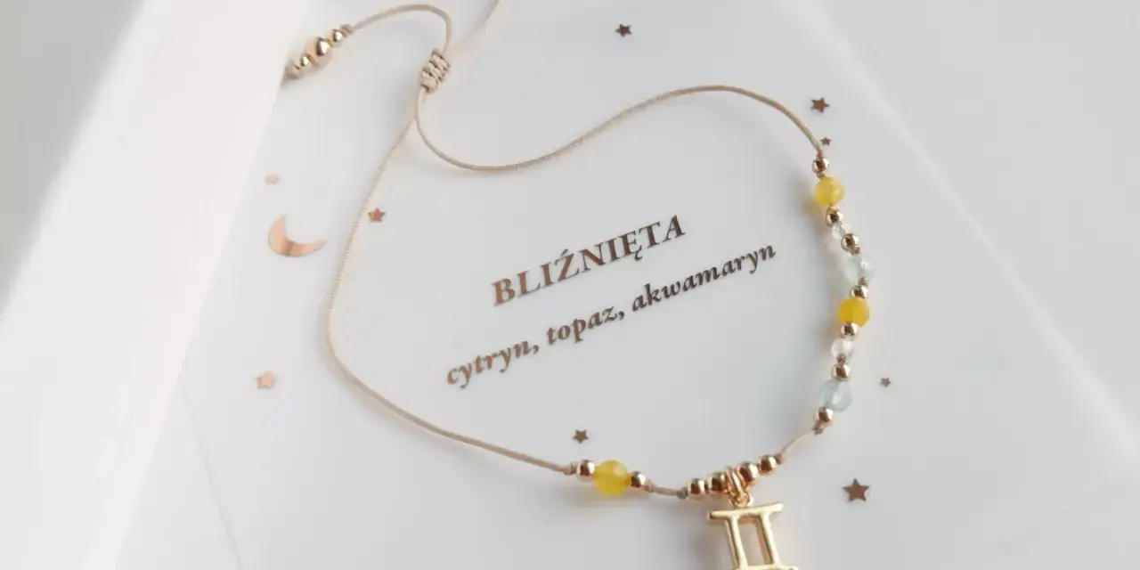 Bransoletka bliźnięta z cytrynem, topazem i akwamarynem. Symbol bliźniąt i gwiazdki.