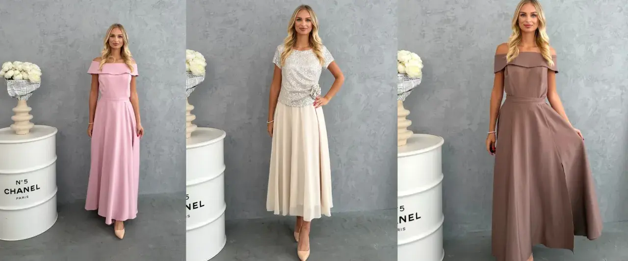 Krój sukni: różowa, beżowa i brązowa, każda z innym fasonem, prezentująca elegancję i styl.