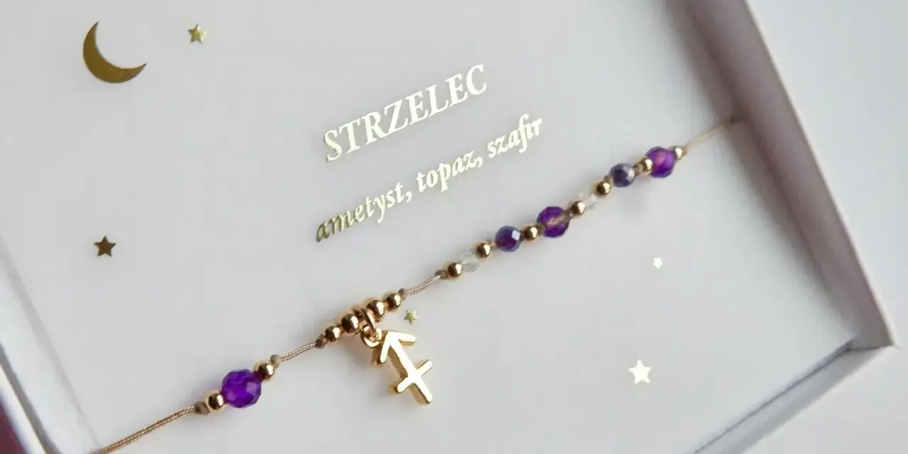 Bransoletka z symbolem Strzelca, ametystem, topazem i szafirem. Idealny prezent dla każdego Strzelca.