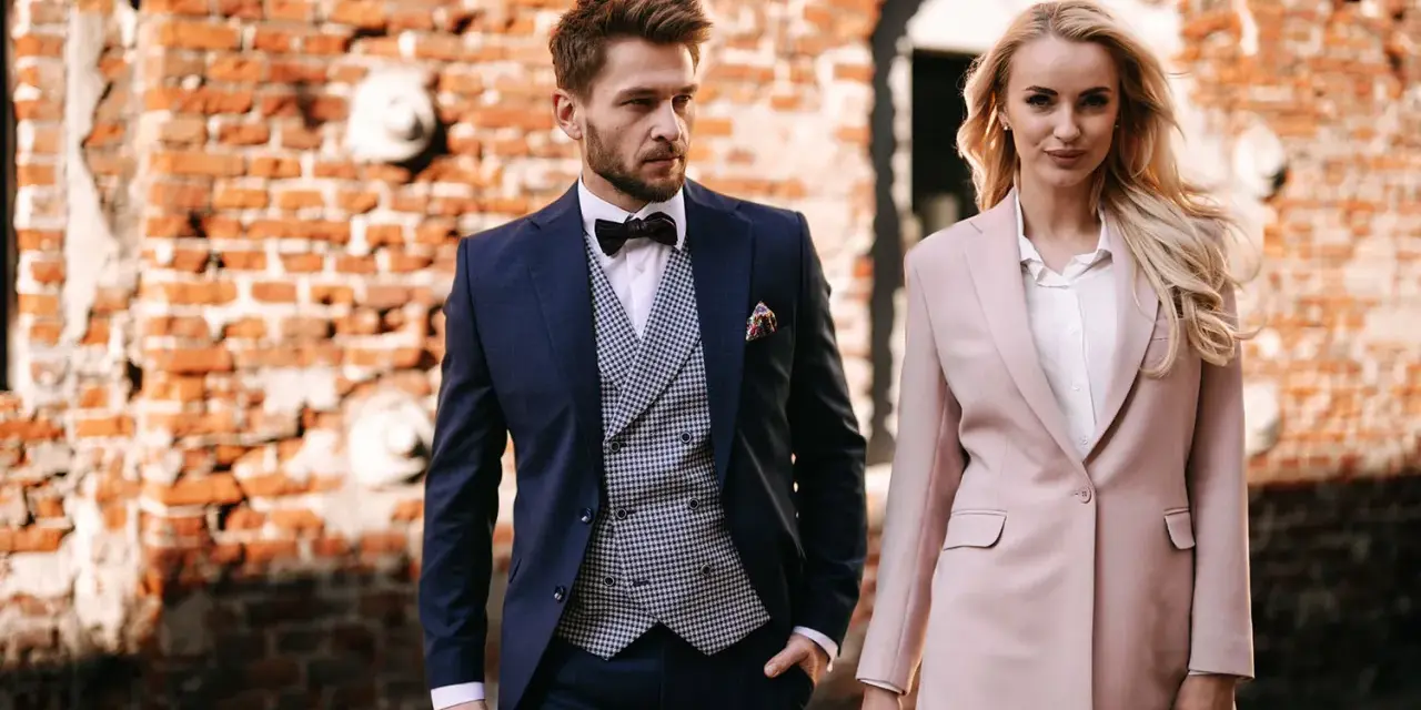 Elegancka para w strojach na komunię dziecka. On w granatowym garniturze, ona w pudrowym.