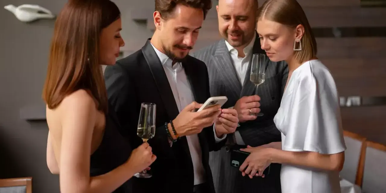 Elegancka kobieta w białej sukni i mężczyzna w czarnym smokingu dyskutują, co założyć na sukienkę wieczorową, trzymając telefony i kieliszki.
