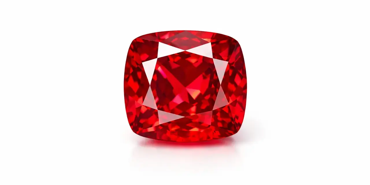 Czerwony, fasetowany **spinel** o szlifie brylantowym, odbijający światło.