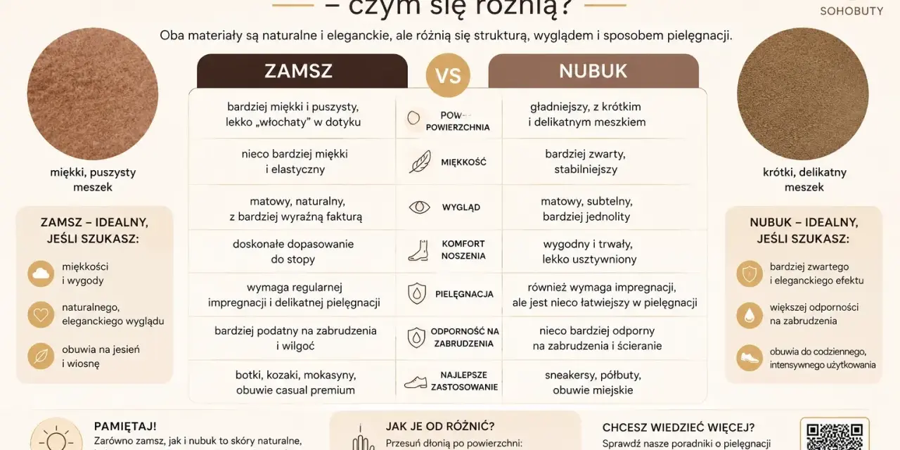 Zamsz czy nubuk? Oba to skóry naturalne. Zamsz jest puszysty, nubuk gładszy. Porównanie cech i pielęgnacji.