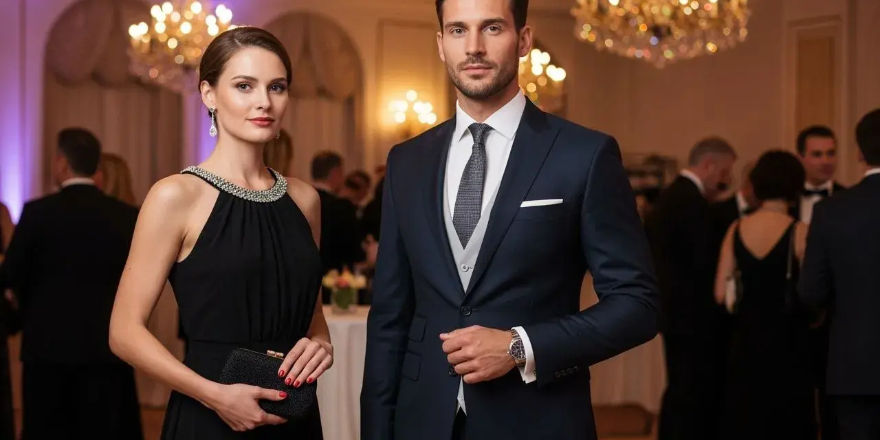 Elegancka para na balu. Ona w czarnej sukni z biżuterią przy dekolcie, on w granatowym garniturze. Świetne dress code przykłady.