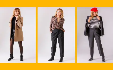 Eleganckie stylizacje dla pań po 60: płaszcz i skórzana spódnica, panterkowy sweter z cygaretkami, marynarka i paski.