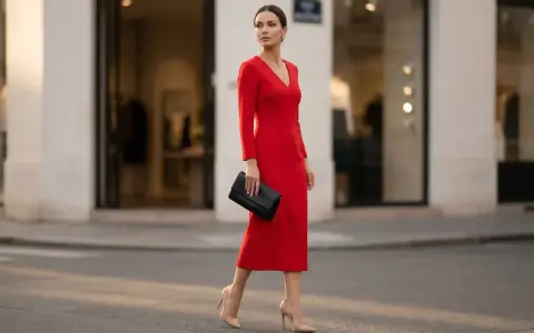 Elegancka kobieta w czerwonej sukience i szpilkach, niosąca czarną kopertówkę. Stylowe stylizacje z czerwoną sukienką na ulicach miasta.