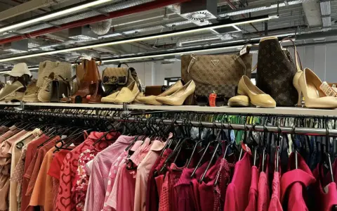 Na półce eleganckie buty i torebki, a poniżej rzędy różowych ubrań. Idealne miejsce, by znaleźć inspirację, jak szyc nowe kreacje.