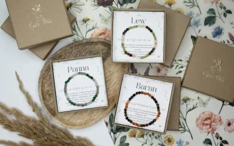 Bransoletki znak zodiaku: Panna, Lew i Baran. Kamienie naturalne i złote detale. Idealny prezent dla bliskich.