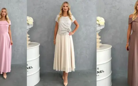 Krój sukni: różowa, beżowa i brązowa, każda z innym fasonem, prezentująca elegancję i styl.