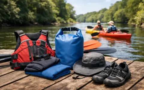 Jak ubrać się na kajaki? Kamizelka, wodoodporna torba, czapka, okulary i buty to podstawa. W tle płyną kajakarze.