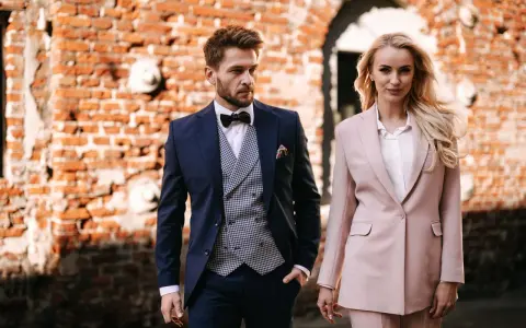 Elegancka para w strojach na komunię dziecka. On w granatowym garniturze, ona w pudrowym.
