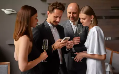 Elegancka kobieta w białej sukni i mężczyzna w czarnym smokingu dyskutują, co założyć na sukienkę wieczorową, trzymając telefony i kieliszki.