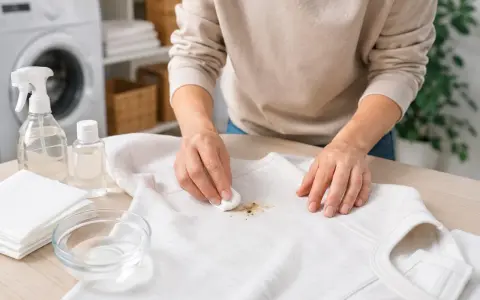 Usuwanie żywicy z ubrania: wacik kosmetyczny nasączony płynem do czyszczenia plam delikatnie usuwa brązową plamę z białej koszulki.