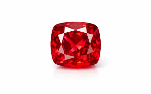 Czerwony, fasetowany **spinel** o szlifie brylantowym, odbijający światło.
