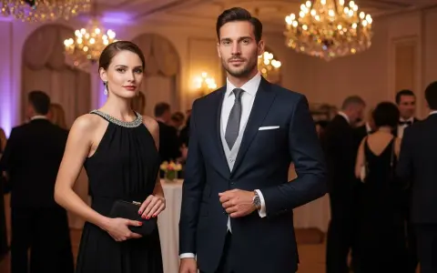 Elegancka para na balu. Ona w czarnej sukni z biżuterią przy dekolcie, on w granatowym garniturze. Świetne dress code przykłady.