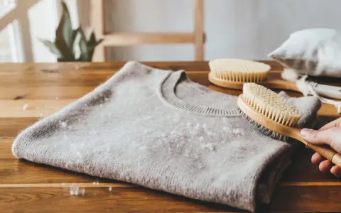 Delikatny sweter z kaszmiru, na którym widać mechacenie. Dłoń trzyma szczotkę do ubrań, gotową do usunięcia kuleczek.