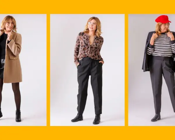 Eleganckie stylizacje dla pań po 60: płaszcz i skórzana spódnica, panterkowy sweter z cygaretkami, marynarka i paski.