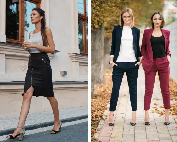 Eleganckie stylizacje na imprezę firmową: spódnica i top lub garnitur. Inspiracja, jak się ubrać na imprezę firmową mężczyzna.