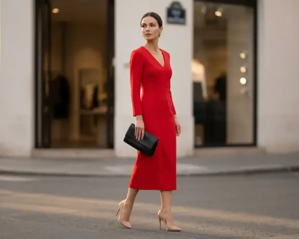 Elegancka kobieta w czerwonej sukience i szpilkach, niosąca czarną kopertówkę. Stylowe stylizacje z czerwoną sukienką na ulicach miasta.