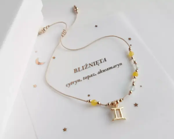 Bransoletka bliźnięta z cytrynem, topazem i akwamarynem. Symbol bliźniąt i gwiazdki.