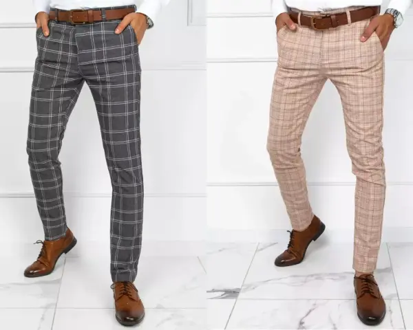 Dwa męskie zestawy: spodnie w kratę szare i beżowe, z brązowymi paskami i butami. Eleganckie spodnie w kratę męskie stylizacje.