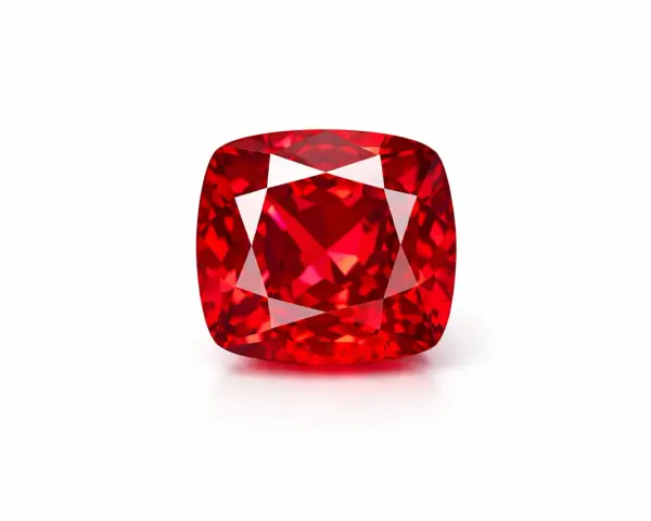 Czerwony, fasetowany **spinel** o szlifie brylantowym, odbijający światło.