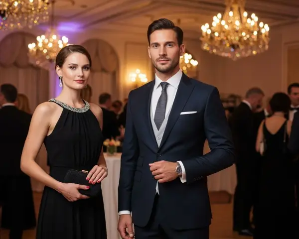 Elegancka para na balu. Ona w czarnej sukni z biżuterią przy dekolcie, on w granatowym garniturze. Świetne dress code przykłady.