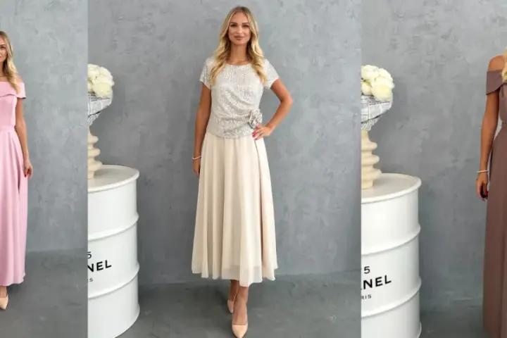 Krój sukni: różowa, beżowa i brązowa, każda z innym fasonem, prezentująca elegancję i styl.