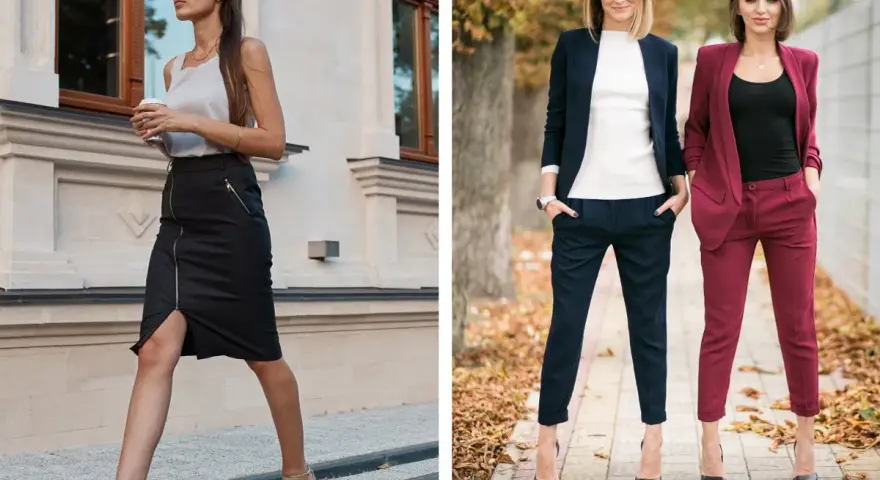 Eleganckie stylizacje na imprezę firmową: spódnica i top lub garnitur. Inspiracja, jak się ubrać na imprezę firmową mężczyzna.