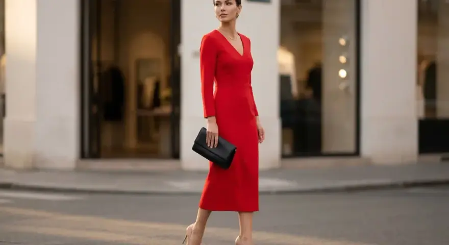 Elegancka kobieta w czerwonej sukience i szpilkach, niosąca czarną kopertówkę. Stylowe stylizacje z czerwoną sukienką na ulicach miasta.