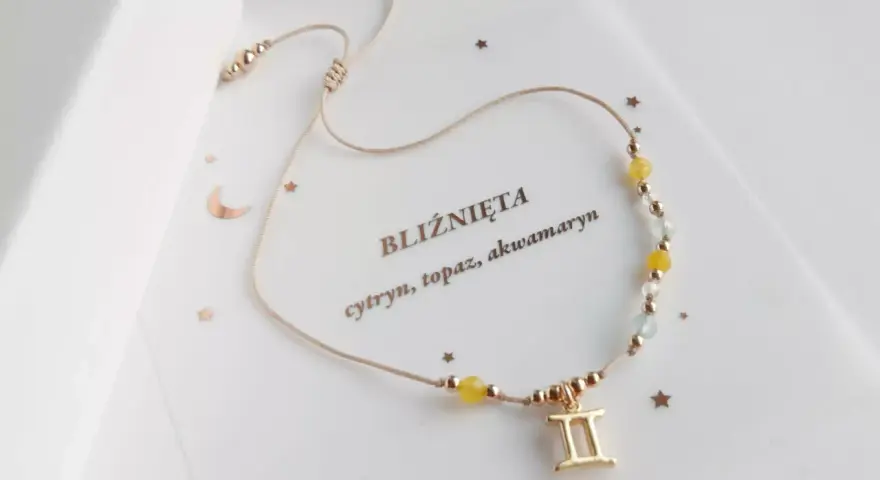 Bransoletka bliźnięta z cytrynem, topazem i akwamarynem. Symbol bliźniąt i gwiazdki.