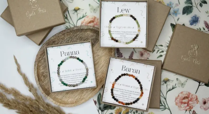 Bransoletki znak zodiaku: Panna, Lew i Baran. Kamienie naturalne i złote detale. Idealny prezent dla bliskich.