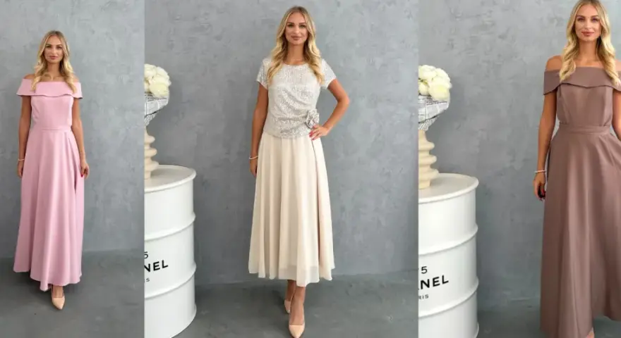 Krój sukni: różowa, beżowa i brązowa, każda z innym fasonem, prezentująca elegancję i styl.