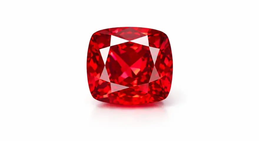Czerwony, fasetowany **spinel** o szlifie brylantowym, odbijający światło.