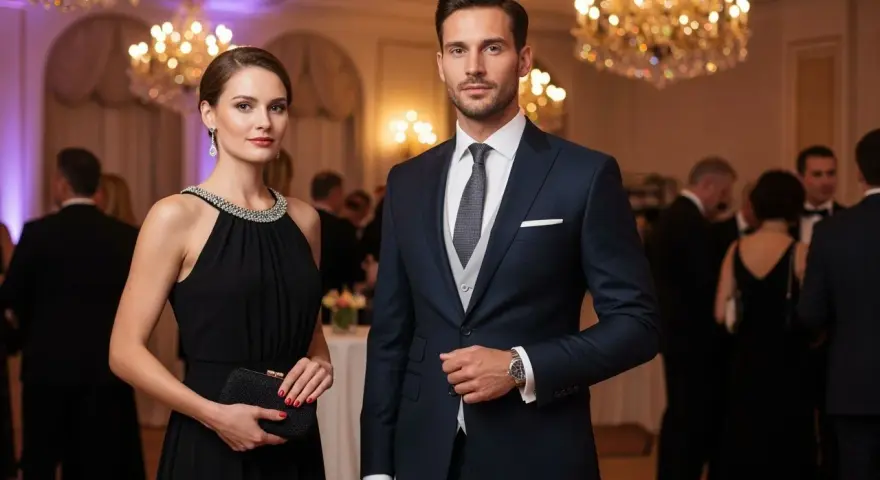 Elegancka para na balu. Ona w czarnej sukni z biżuterią przy dekolcie, on w granatowym garniturze. Świetne dress code przykłady.