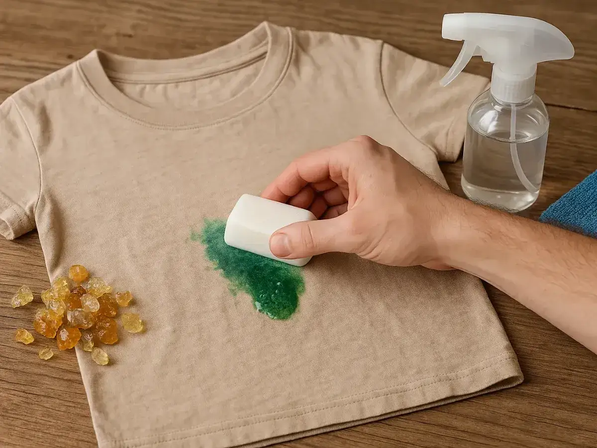 Jak usunąć żywicę z ubrania? Mydło i spray pomogą pozbyć się zielonej plamy z koszulki.