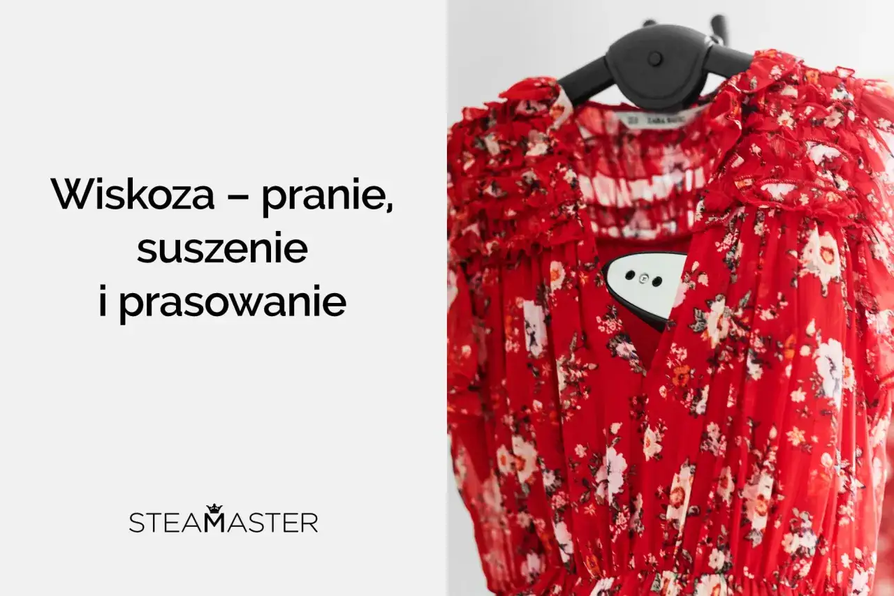 Czerwona sukienka w kwiaty, idealna do prasowania parowego. Dowiedz się, jak prać wiskozę, by zachować jej piękno.