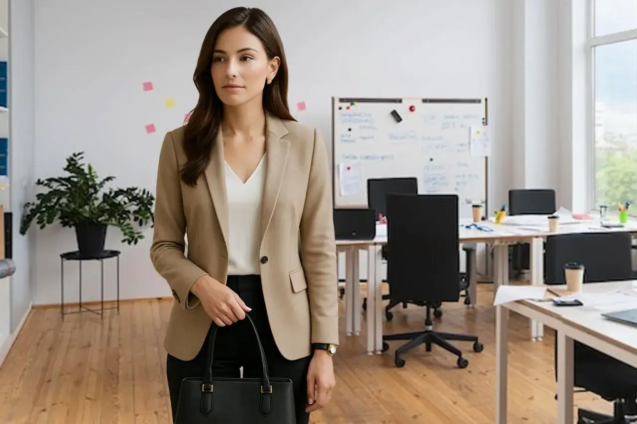 Kobieta w eleganckim stroju business casual stoi w nowoczesnym biurze.