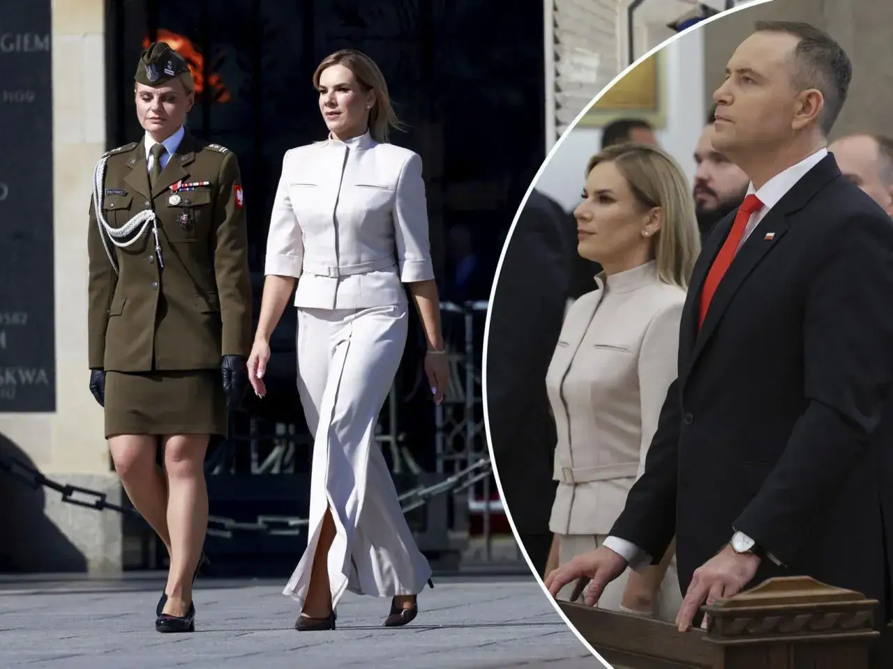Elegancka stylizacja na przysięgę wojskową: wojskowa mundurowa kobieta i elegancko ubrana para.