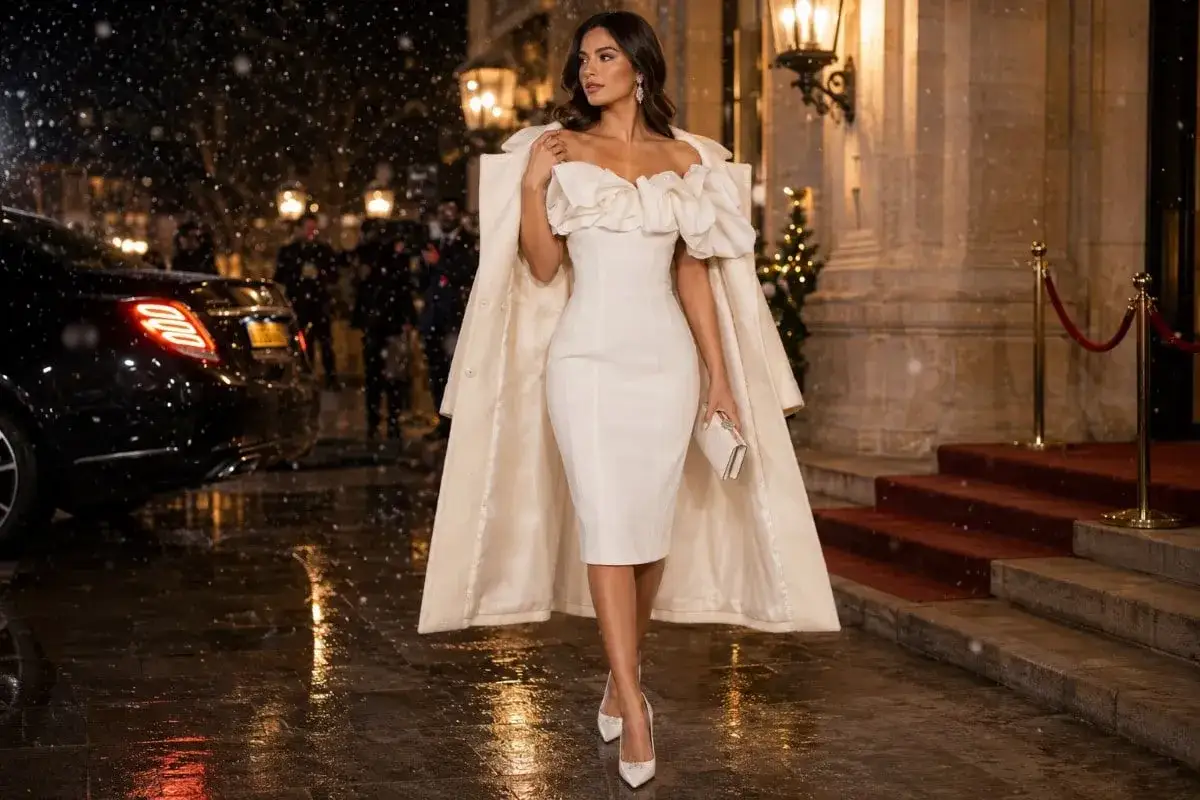 Elegancka kobieta w białej sukni i płaszczu, idealna na wieczorne wyjście w stylu cocktail attire, idzie po mokrym chodniku w deszczu.