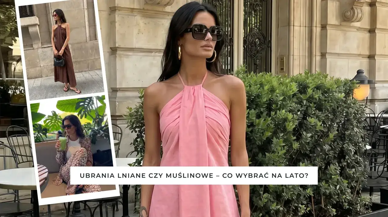 Kobieta w różowej sukience na ramiączkach i w okularach. Czy len się rozciąga? Wstawka pokazuje ją w brązowej sukience i w garniturze.