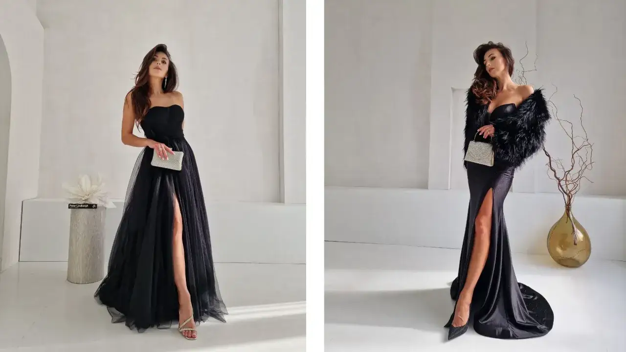 Elegancka kobieta w czarnej sukni wieczorowej. Na jednym zdjęciu prezentuje ją z tiulową spódnicą i kopertówką, na drugim z futrzanym bolerkiem. Idealne inspiracje, co założyć na sukienkę wieczorową.