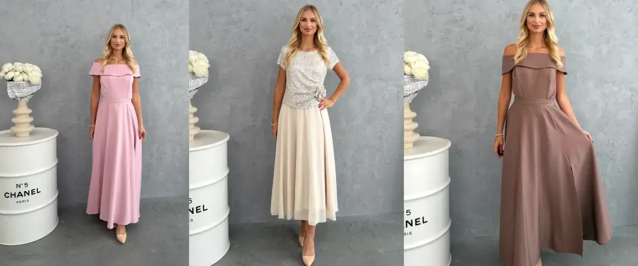 Krój sukni: różowa, beżowa i brązowa, każda z innym fasonem, prezentująca elegancję i styl.